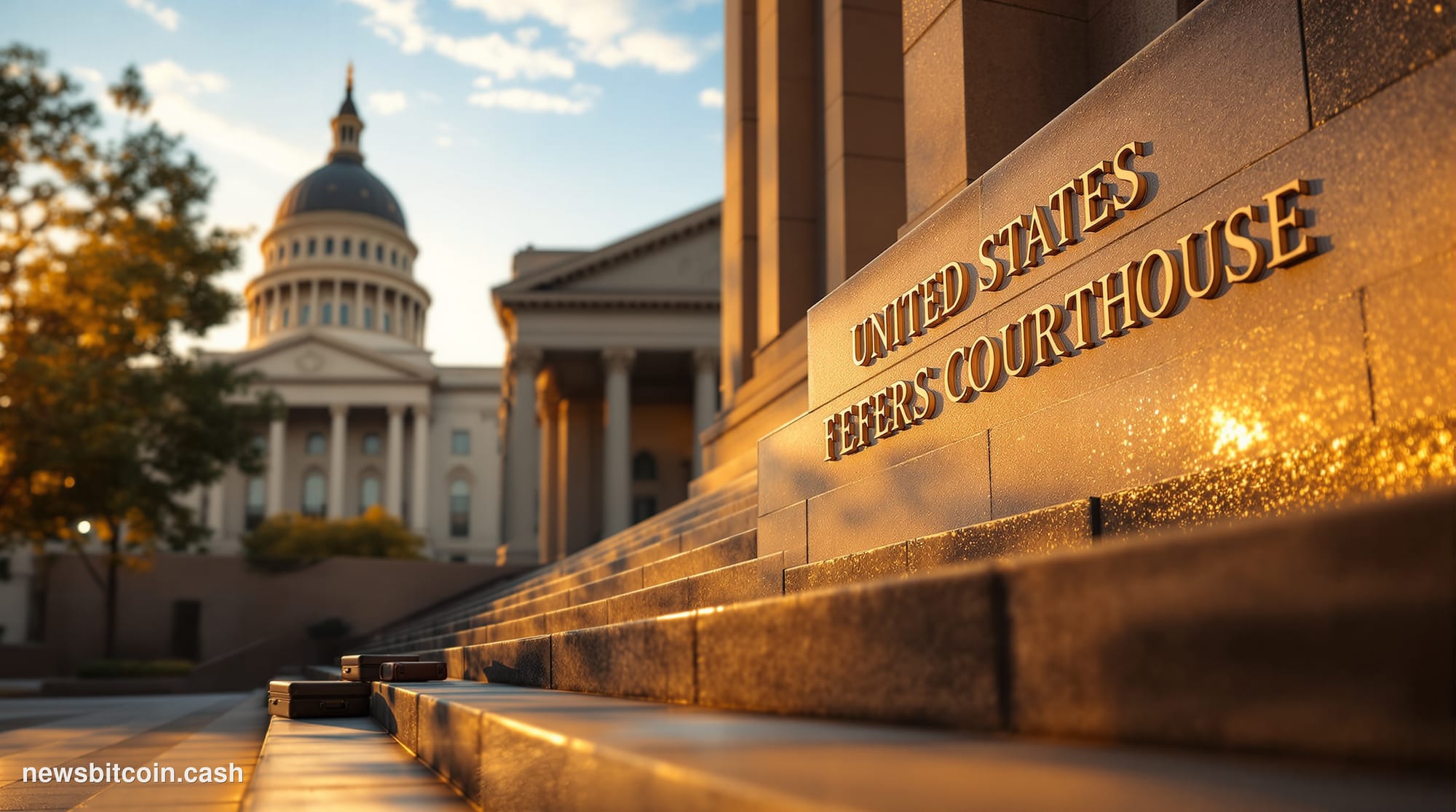 A cinematic photorealistic editorial photograph of the federal courthouse steps in Albuquerque, New Mexico, shot from a low a