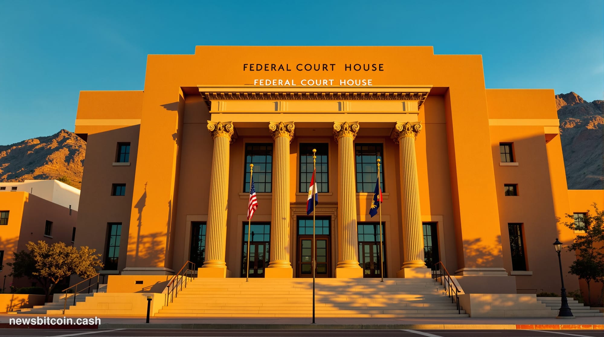 A cinematic photorealistic editorial photograph showing the imposing federal courthouse in Albuquerque, New Mexico, with the 
