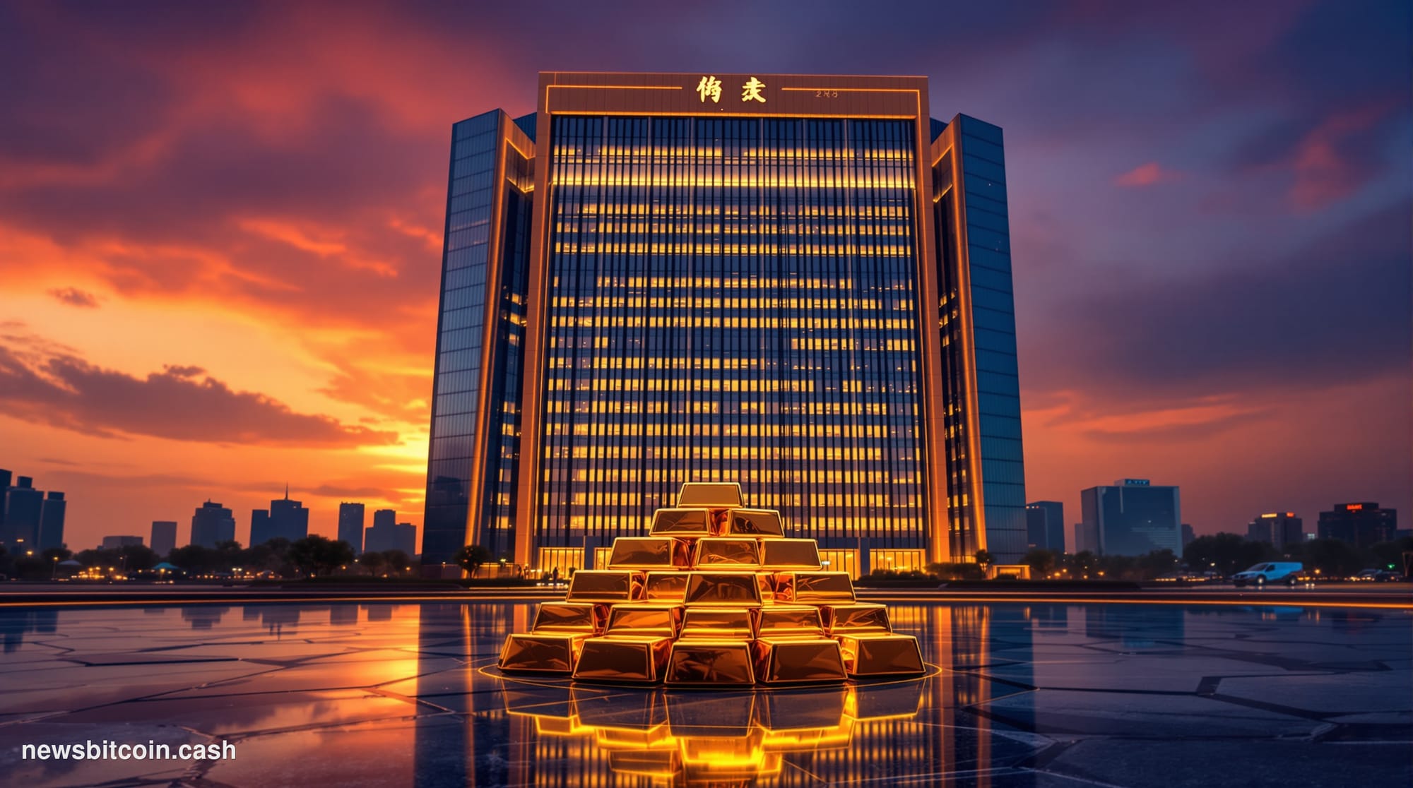A cinematic photorealistic editorial photograph capturing the People's Bank of China headquarters in Beijing at dusk, with th