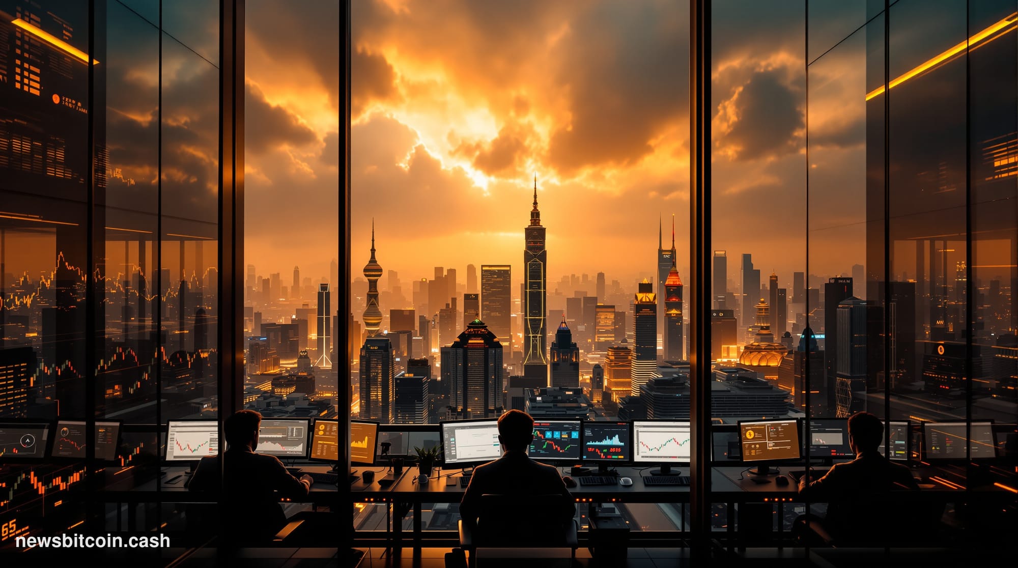 A cinematic photorealistic editorial photograph showcasing Beijing's financial district skyline with prominent Chinese govern