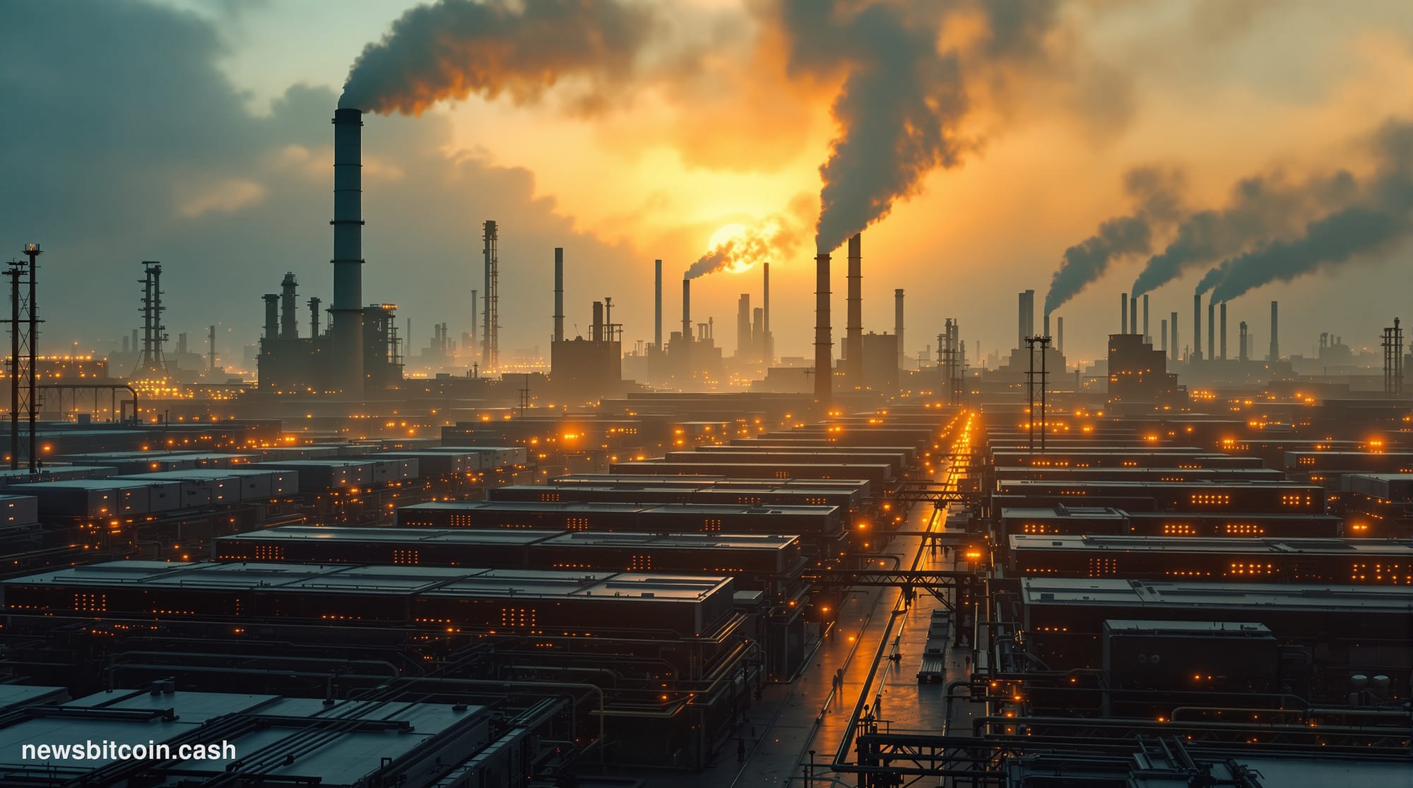 A cinematic photorealistic editorial photograph showing a sprawling Bitcoin mining facility in China's industrial landscape, 