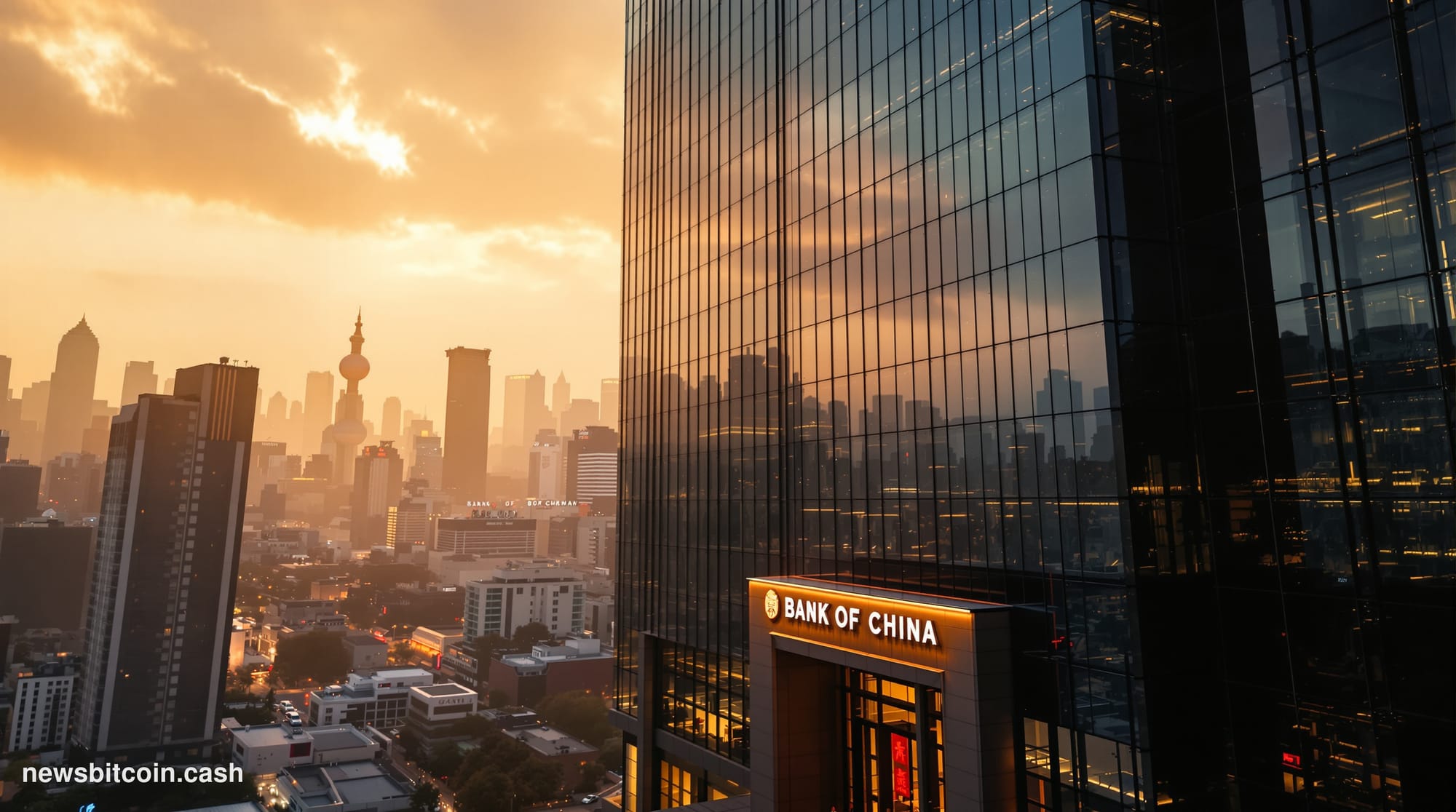 A cinematic photorealistic editorial photograph of the imposing Bank of China headquarters tower in Beijing's financial distr