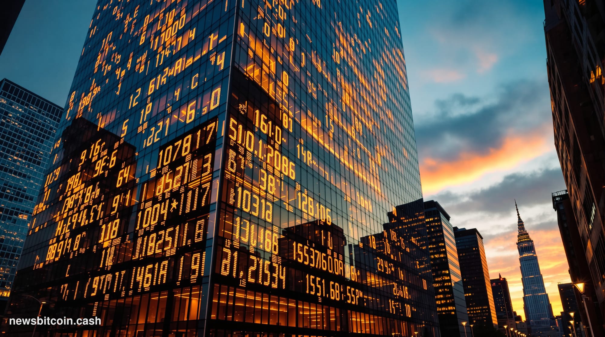 A cinematic photorealistic editorial photograph showing the exterior of Circle's corporate headquarters in Boston's Financial
