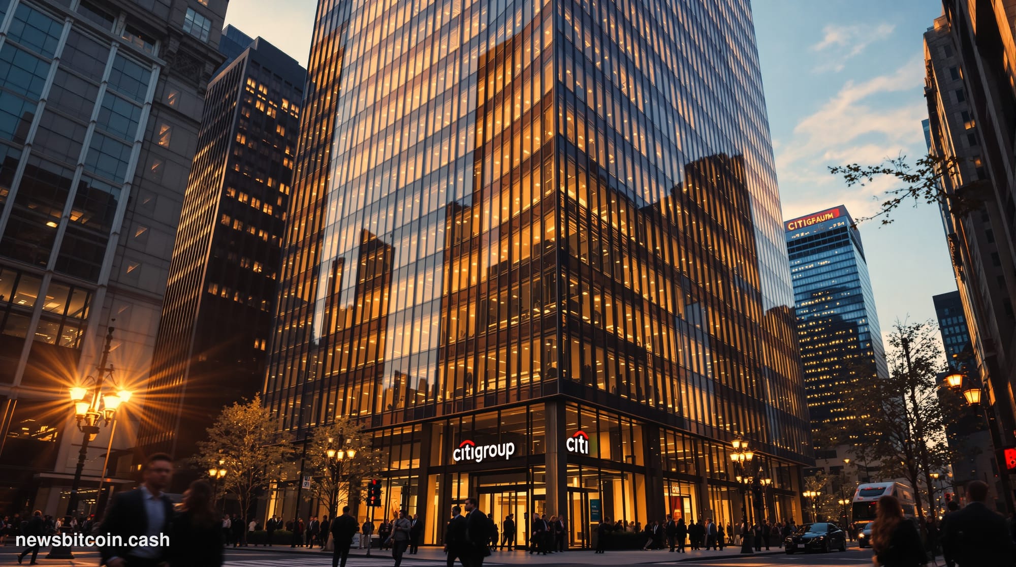 A cinematic photorealistic editorial photograph of Citigroup's iconic headquarters at 388 Greenwich Street in Manhattan's Tri