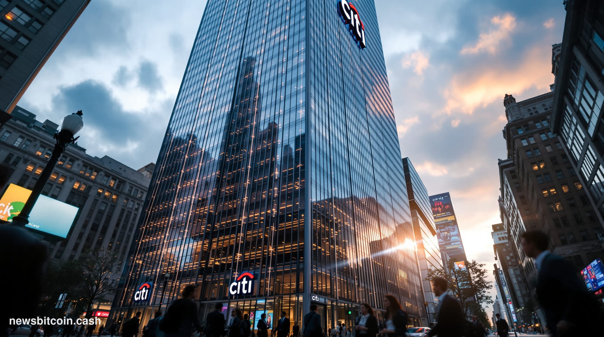 Cinematic photorealistic editorial photograph of Citi's imposing corporate headquarters in Lower Manhattan, shot from a low a