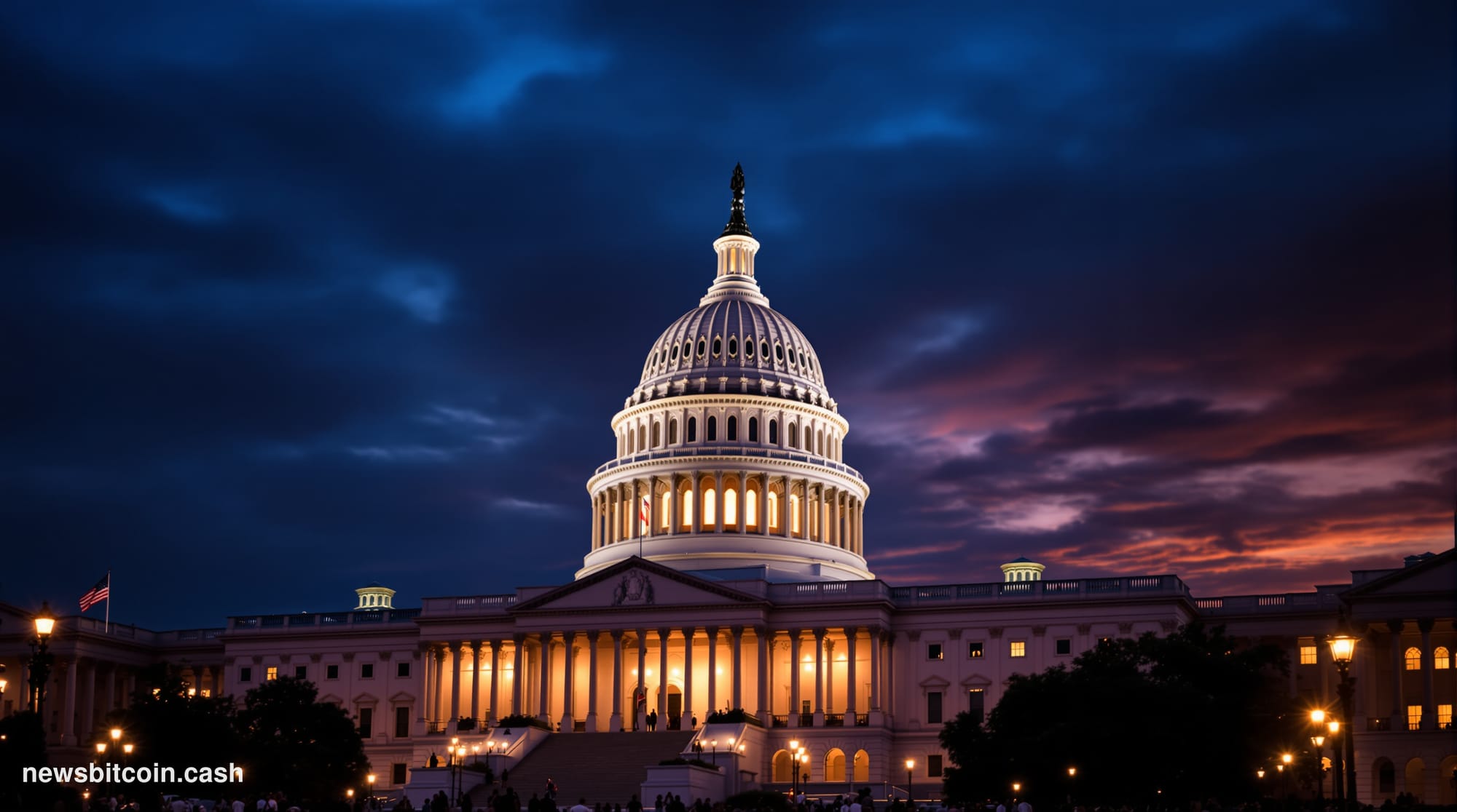 Cinematic photorealistic editorial photograph of the United States Capitol building at dusk, dramatic golden hour lighting ca