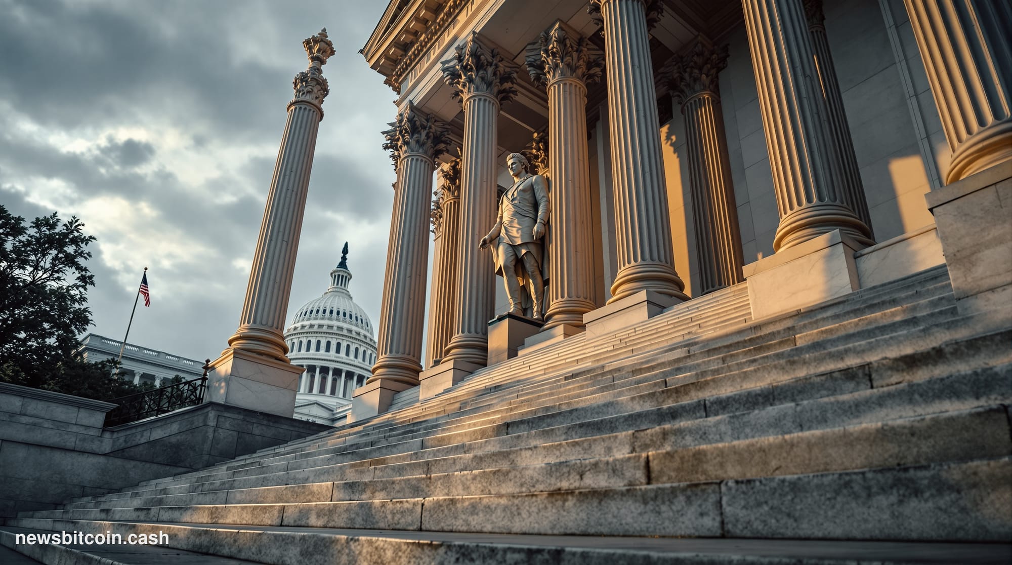 A cinematic photorealistic editorial photograph of the United States Capitol building's Senate chamber entrance, shot from a 