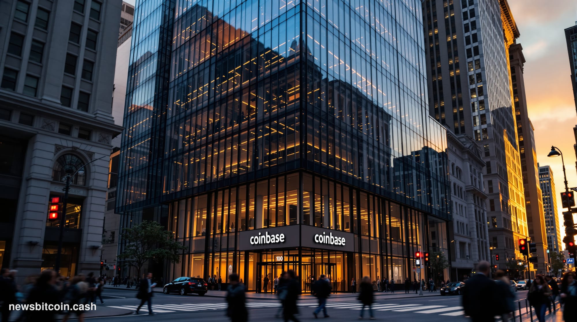 A cinematic photorealistic editorial photograph of Coinbase's San Francisco headquarters building at 100 Pine Street, shot fr