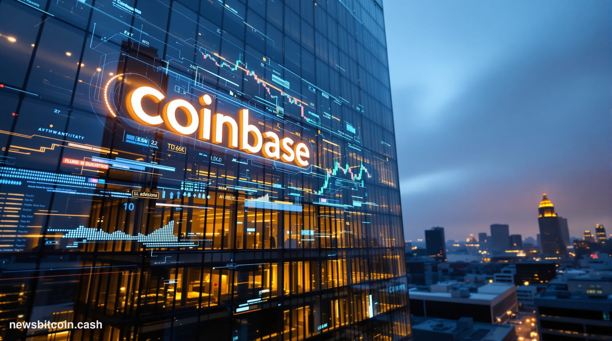 A cinematic photorealistic editorial photograph of Coinbase's San Francisco headquarters at dusk, with dramatic lighting cast