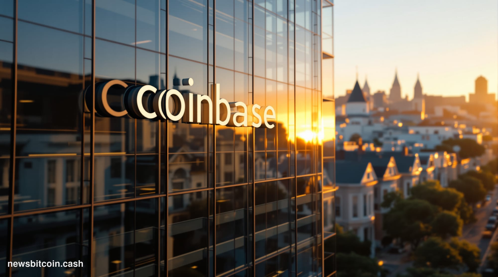 A cinematic photorealistic editorial photograph showing Coinbase's San Francisco headquarters building in the foreground with