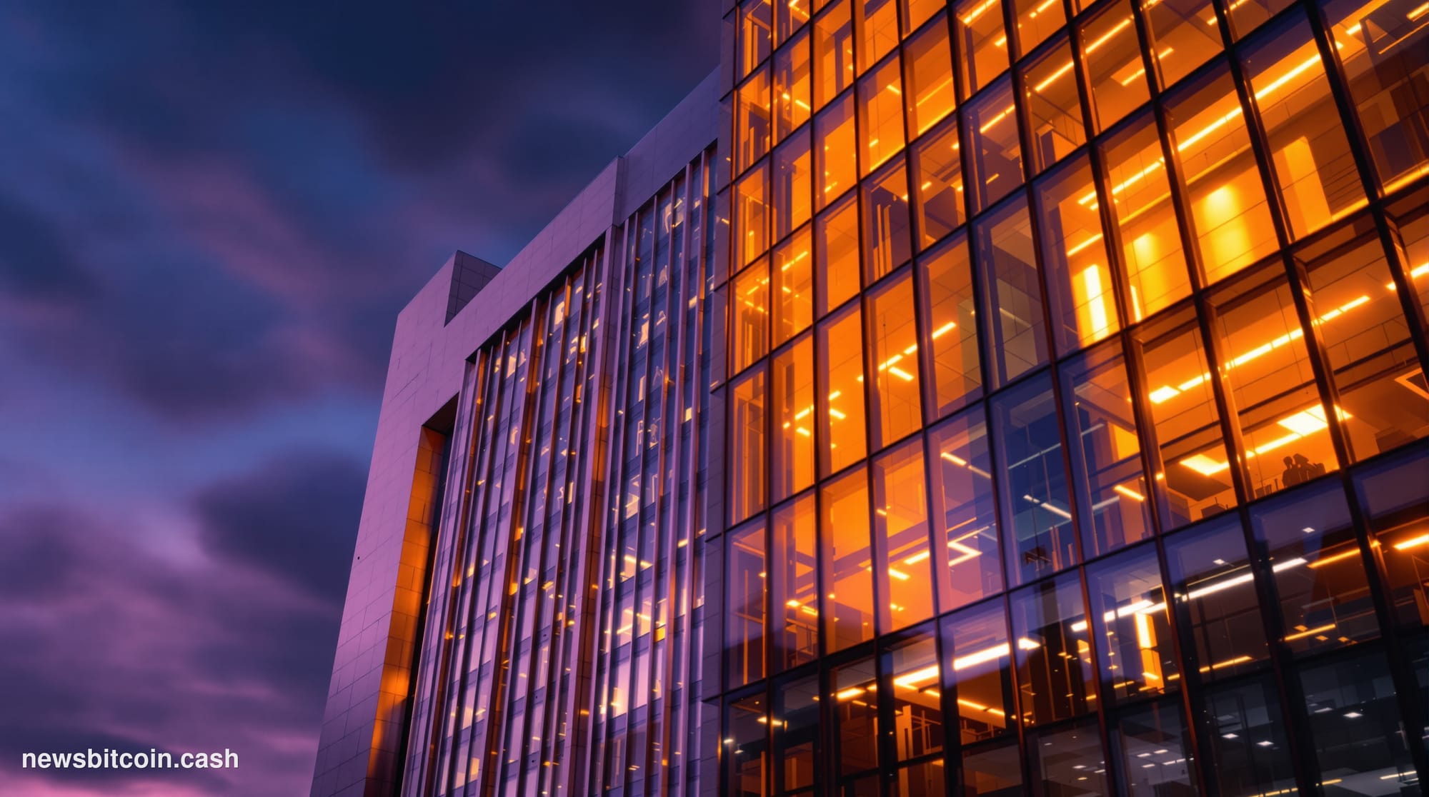 A cinematic photorealistic editorial photograph showing the imposing glass facade of the US Department of Justice building in