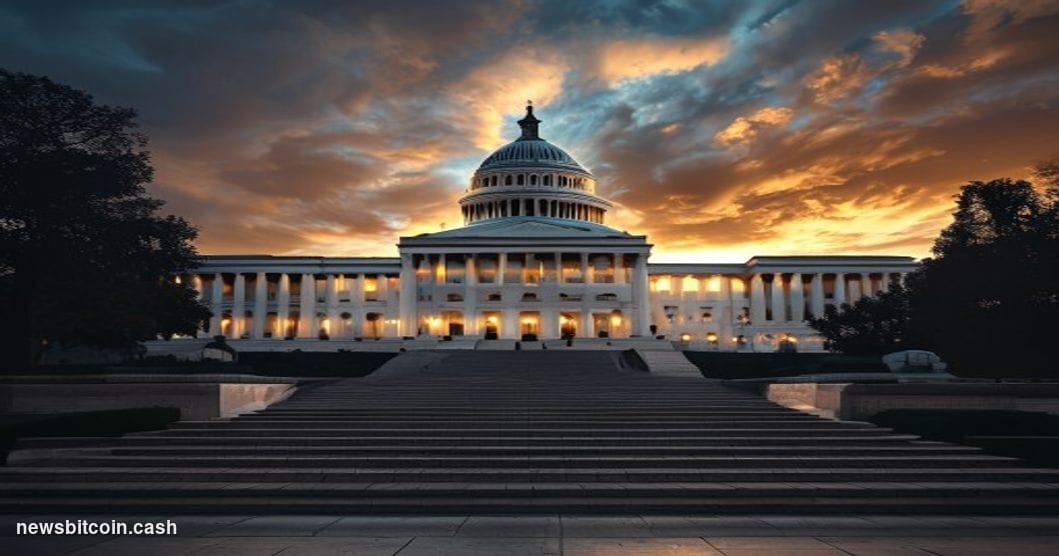 Cinematic photorealistic editorial photograph of the United States Capitol building at dusk, with dramatic golden hour lighti