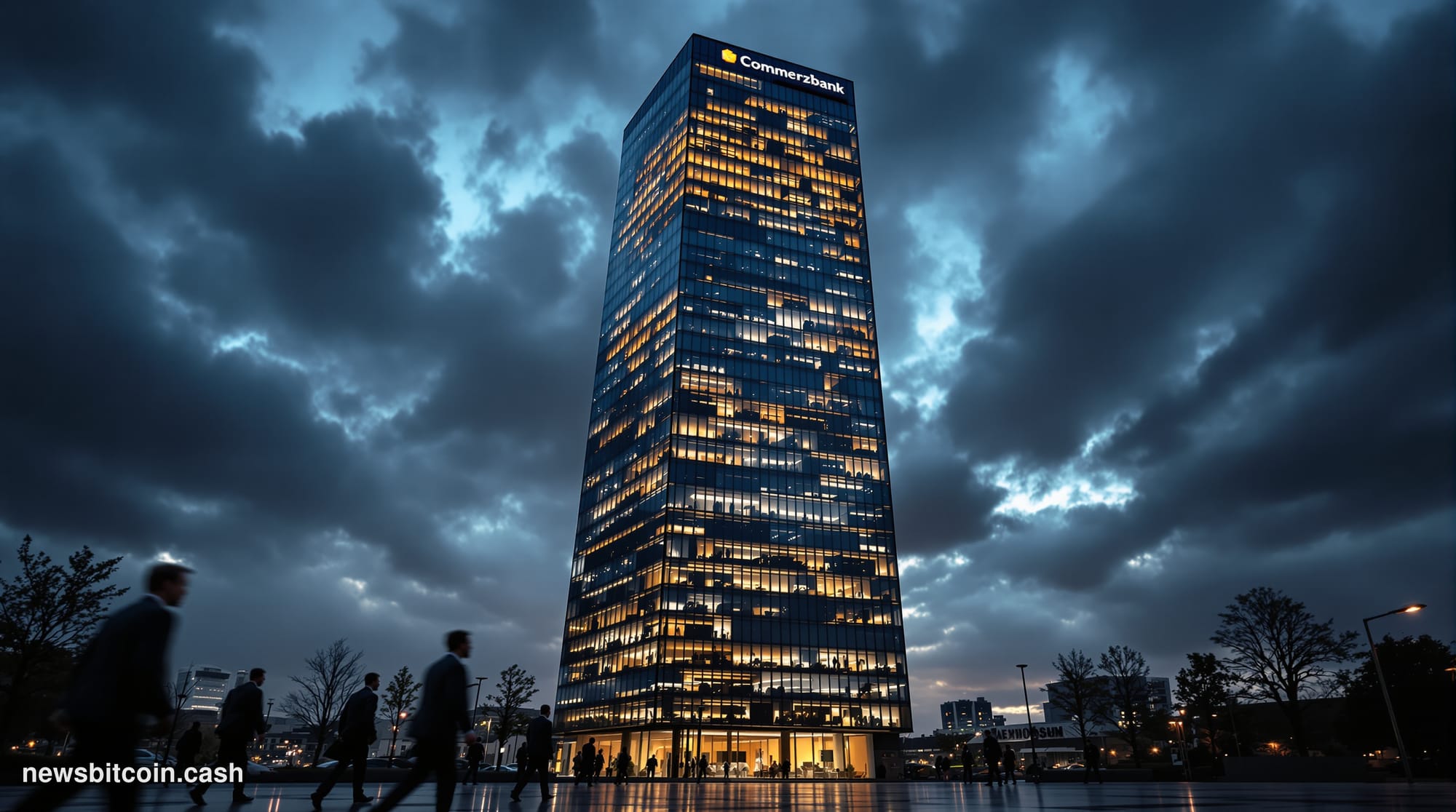 A dramatic photorealistic editorial photograph showing the imposing glass and steel facade of Commerzbank Tower in Frankfurt'