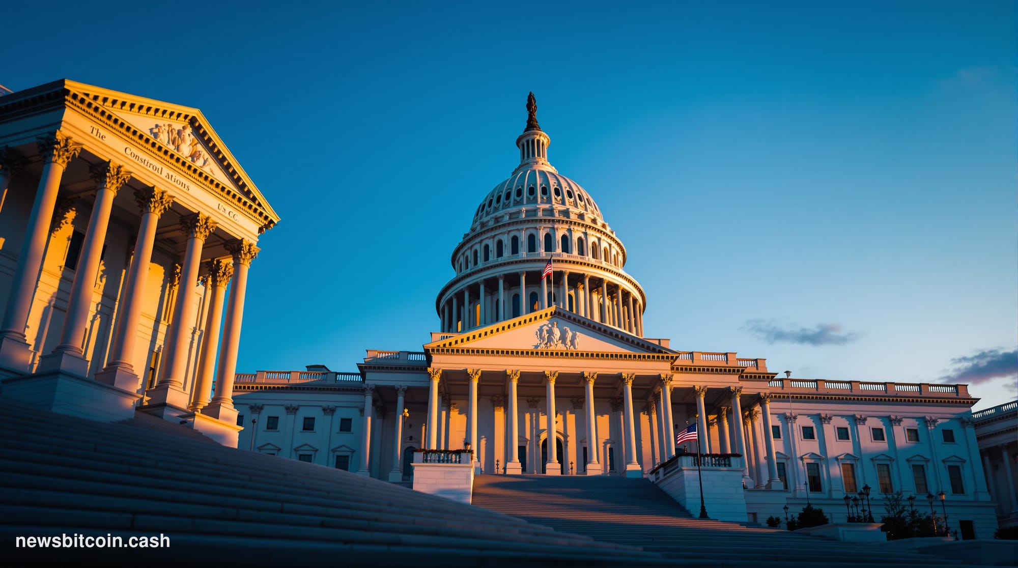 Cinematic photorealistic editorial photograph of the iconic U.S. Capitol building dome and steps in Washington D.C., shot dur