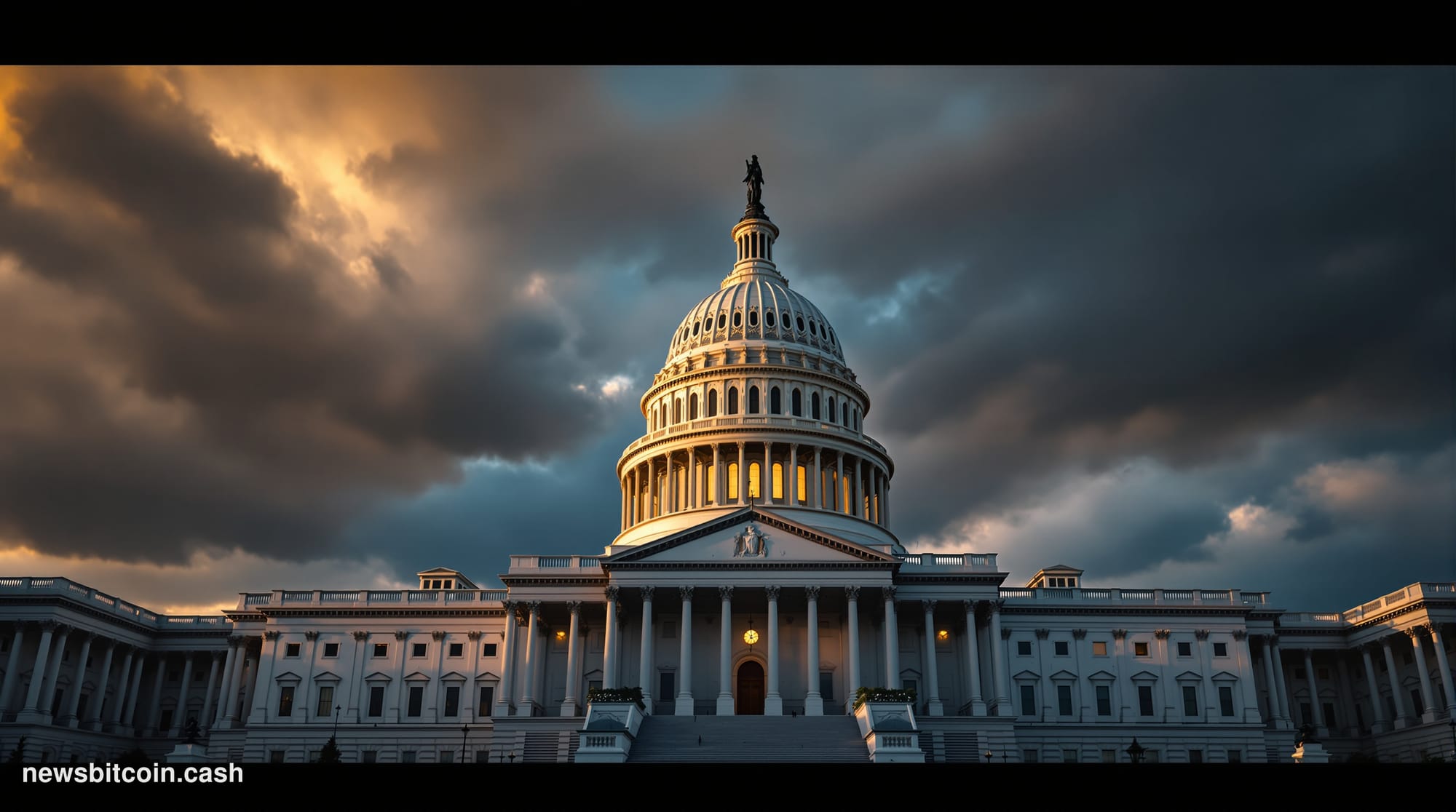 A cinematic photorealistic editorial photograph of the U.S. Capitol building's iconic dome and neoclassical architecture shot
