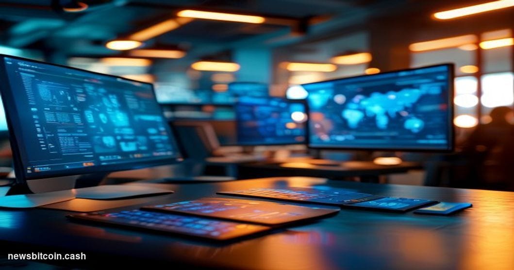 A cinematic photorealistic editorial photograph showing a modern tech office environment with multiple computer screens displ