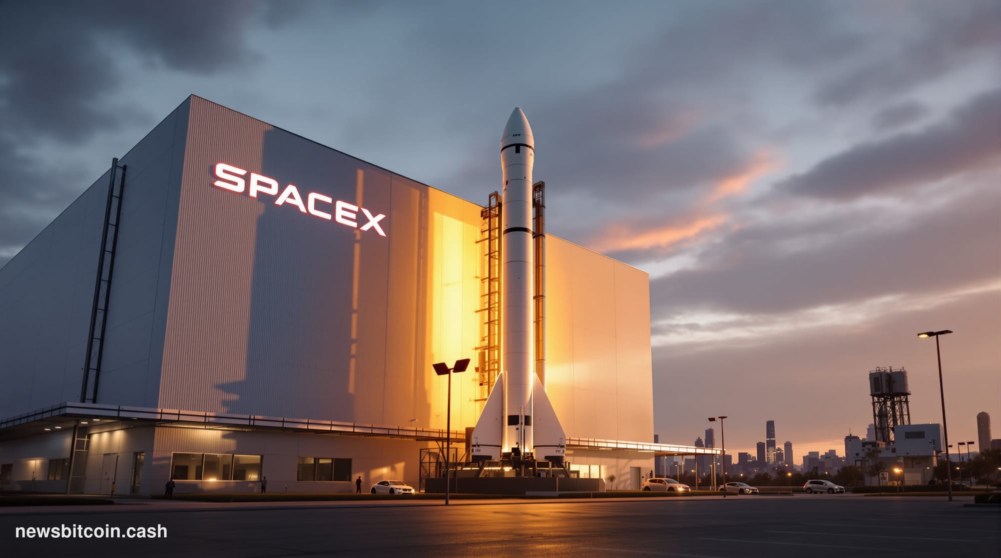 A cinematic photorealistic editorial photograph showing the exterior of SpaceX's Hawthorne, California headquarters with its 