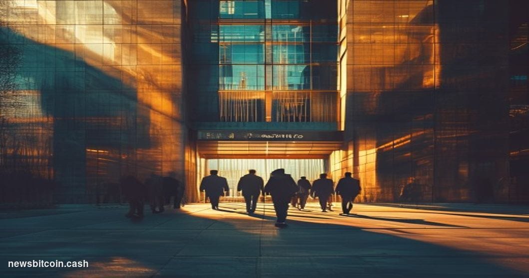 A cinematic photorealistic editorial photograph showing the entrance to a major US financial district building housing crypto