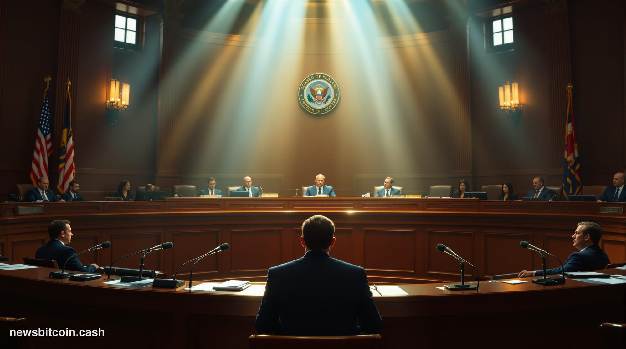 A cinematic photorealistic editorial photograph capturing a tense congressional oversight hearing in progress, shot from the 