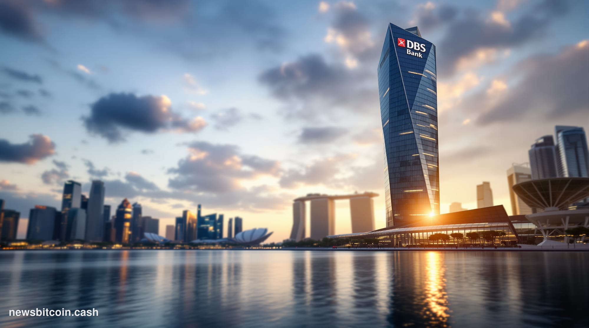 A cinematic photorealistic editorial photograph of the DBS Bank headquarters tower in Marina Bay, Singapore, shot during gold