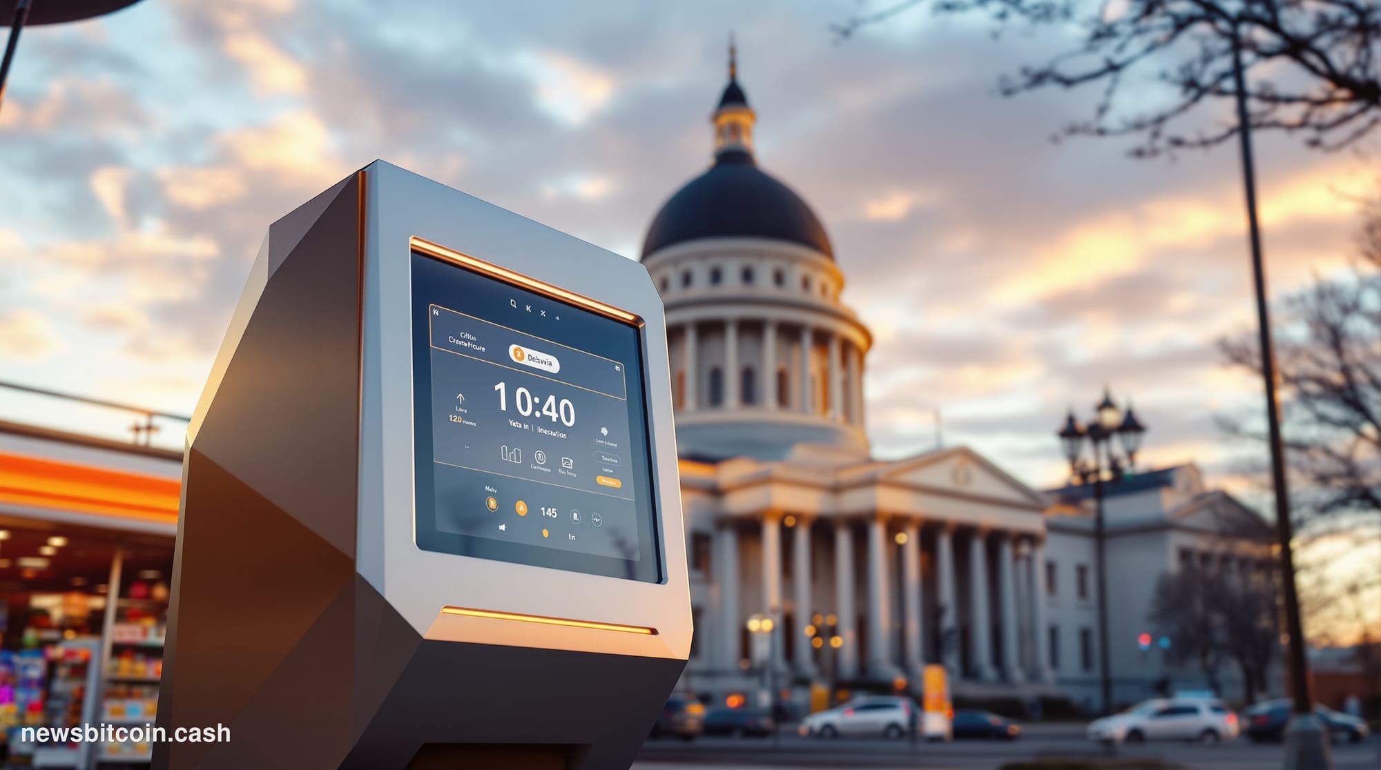 A cinematic photorealistic editorial photograph showing a Bitcoin ATM kiosk in an urban Delaware setting, with the state capi