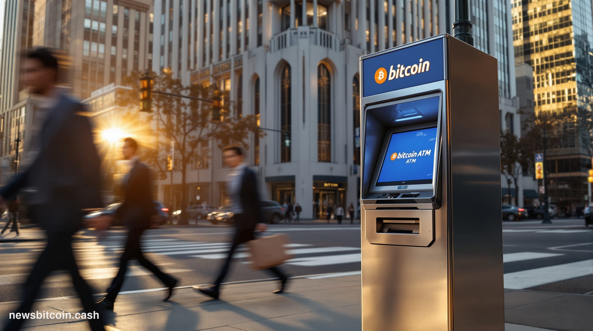 A cinematic photorealistic editorial photograph showing a Bitcoin ATM machine prominently positioned on a busy street corner 
