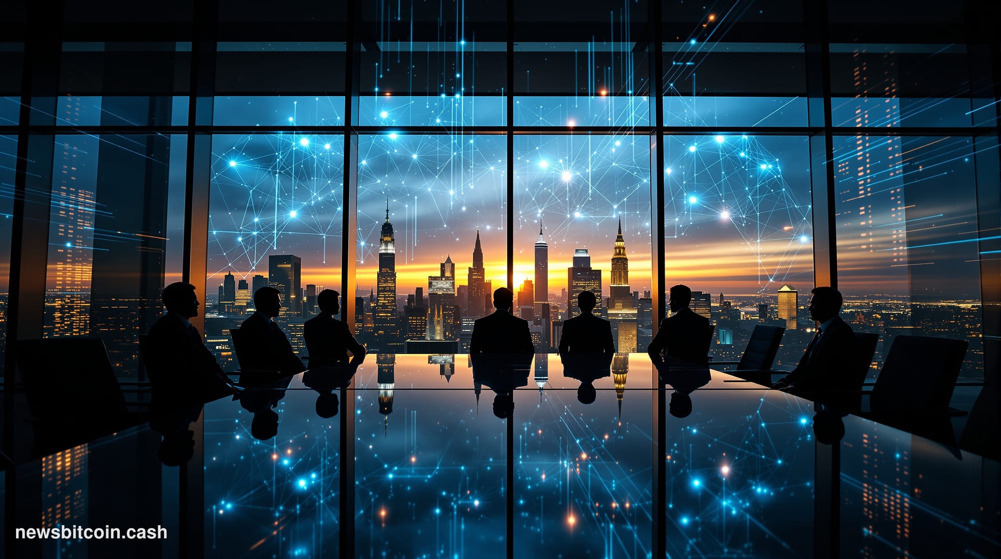 A cinematic photorealistic editorial photograph of a modern glass-walled corporate boardroom in a high-rise building, shot fr