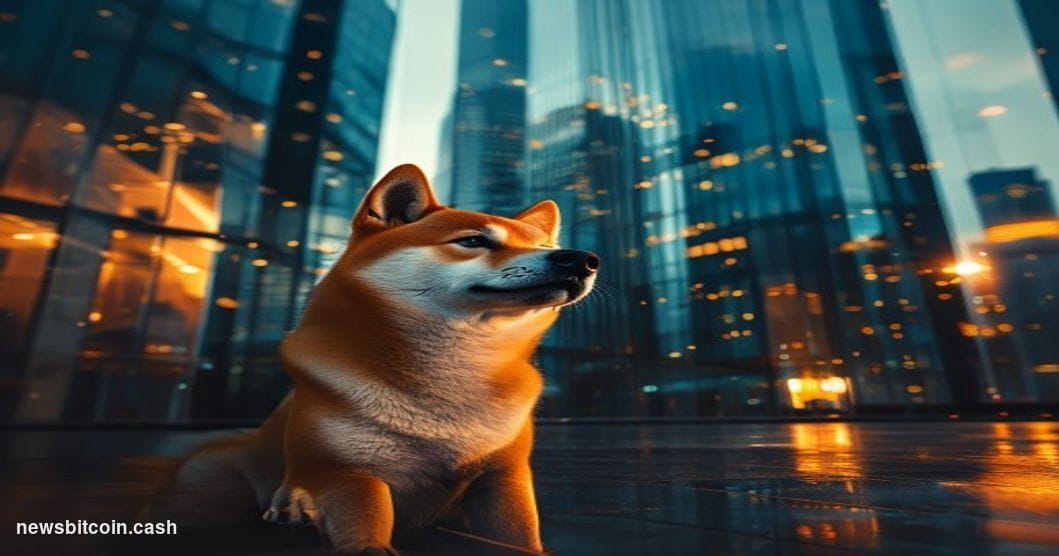 A cinematic photorealistic editorial photograph showing the iconic Shiba Inu dog silhouette (representing Dogecoin) positione