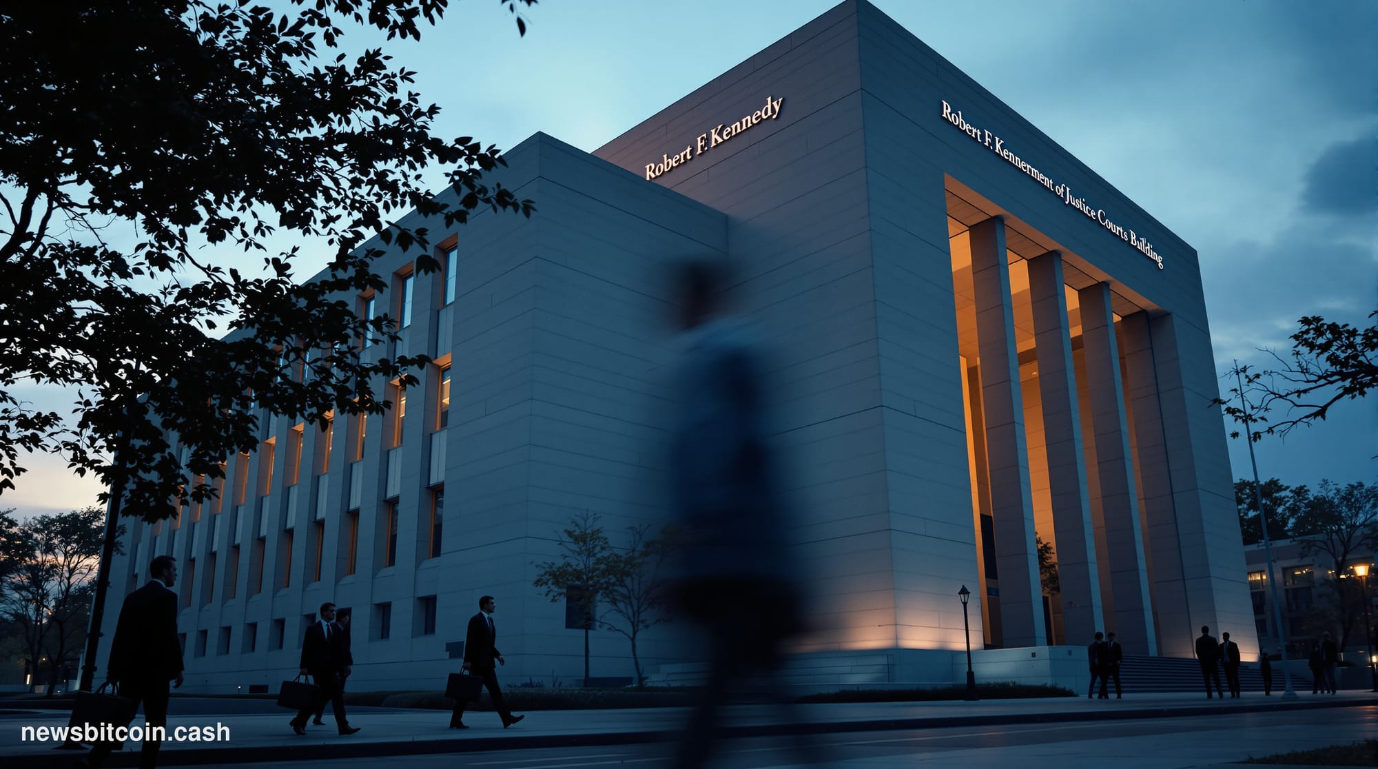 A cinematic photorealistic editorial photograph of the Robert F. Kennedy Department of Justice Building in Washington DC at d