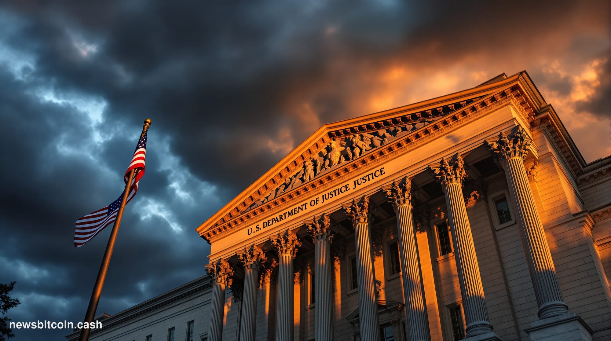 A dramatic photorealistic editorial photograph of the U.S. Department of Justice headquarters building in Washington D.C., ca