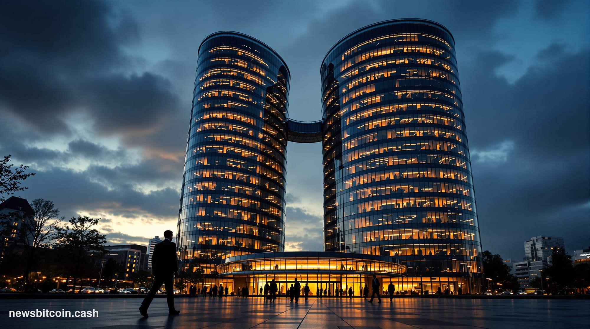 A cinematic photorealistic editorial photograph of the European Central Bank headquarters building in Frankfurt, Germany, cap