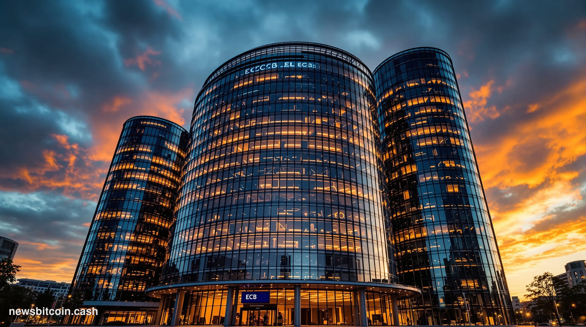 Cinematic photorealistic editorial photograph of the European Central Bank headquarters in Frankfurt, Germany, captured from 