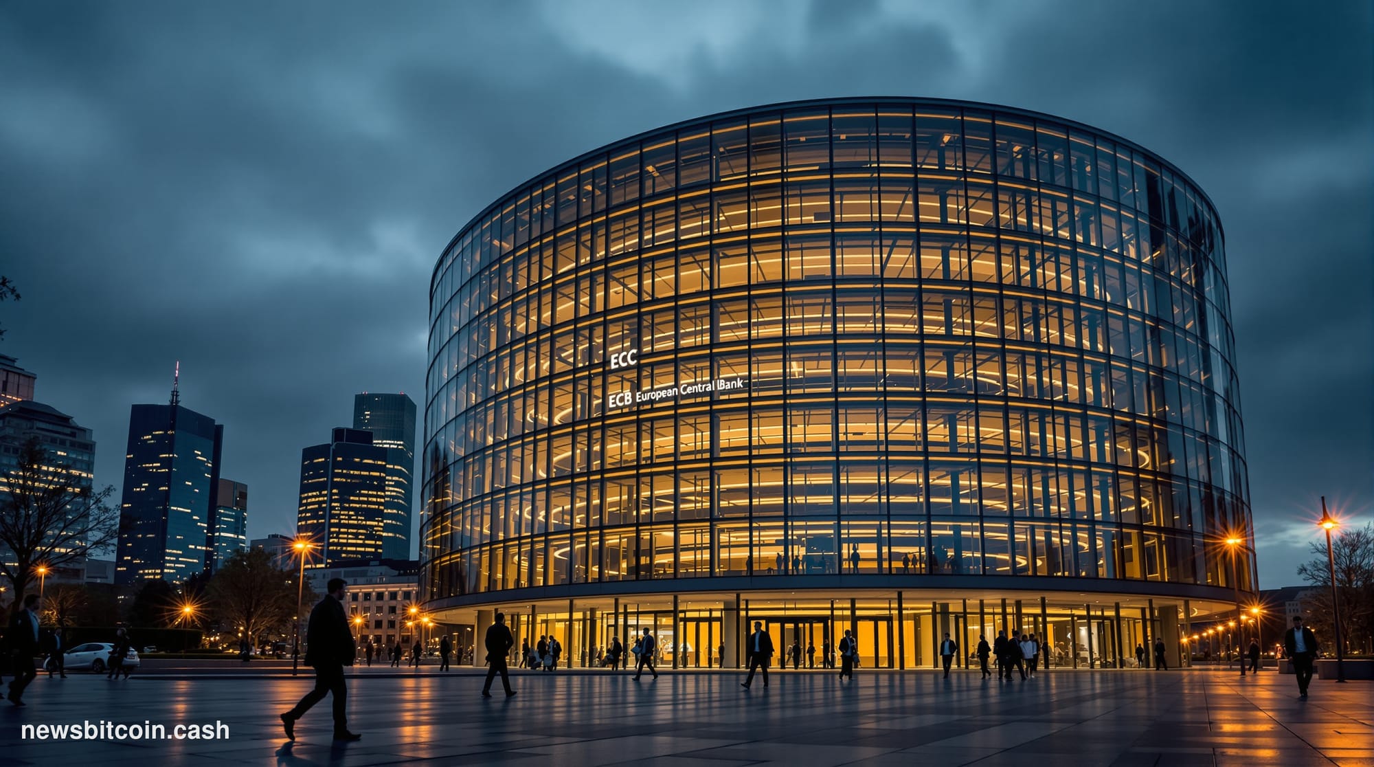 A cinematic photorealistic editorial photograph of the European Central Bank headquarters in Frankfurt's Ostend district at d