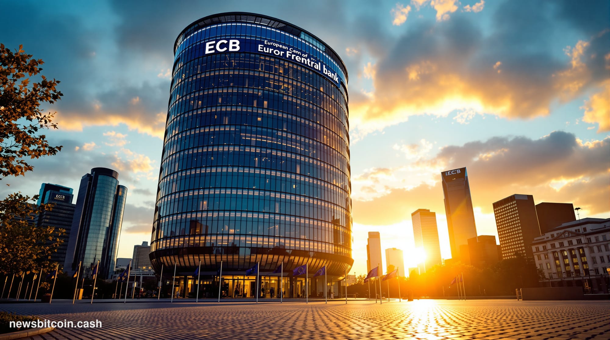 A cinematic photorealistic editorial photograph of the European Central Bank headquarters in Frankfurt, Germany, captured fro