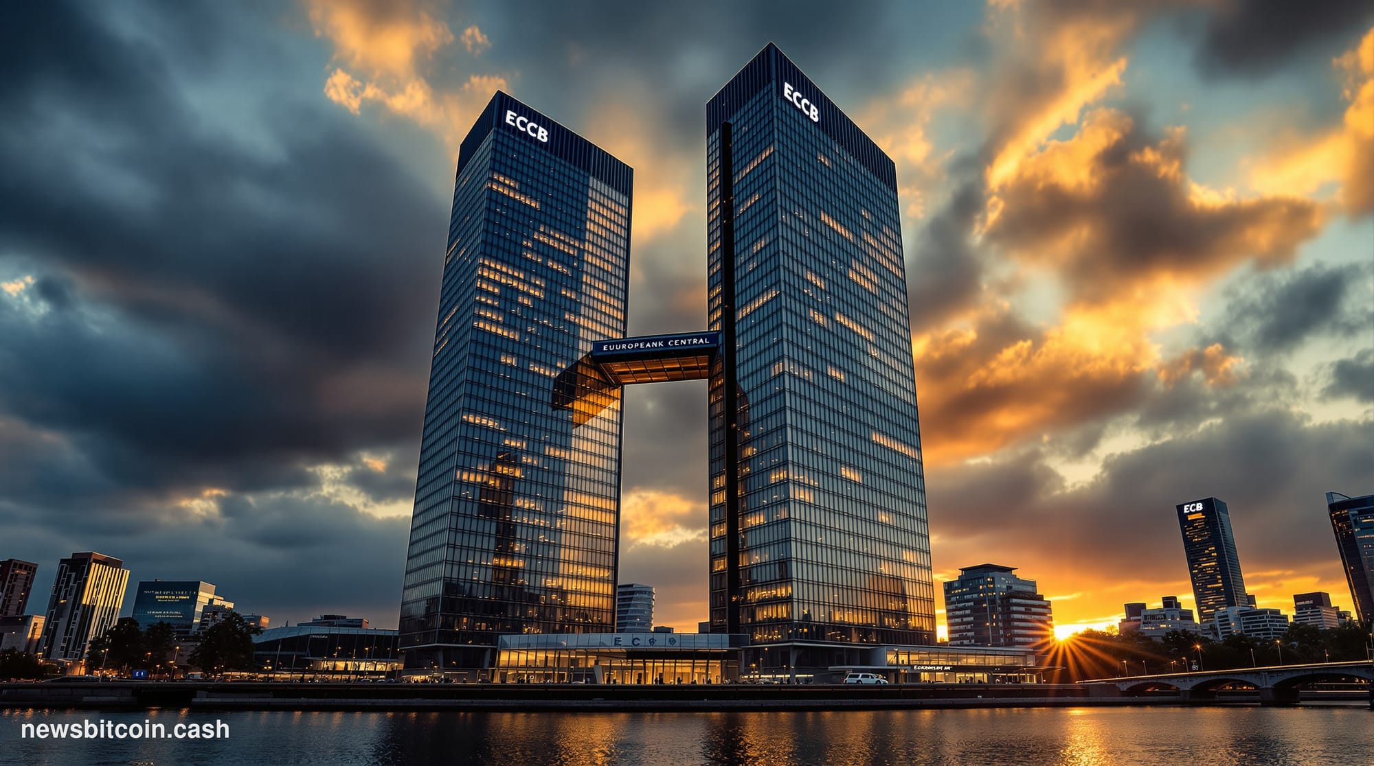 A cinematic photorealistic editorial photograph of the European Central Bank headquarters in Frankfurt, Germany, captured dur