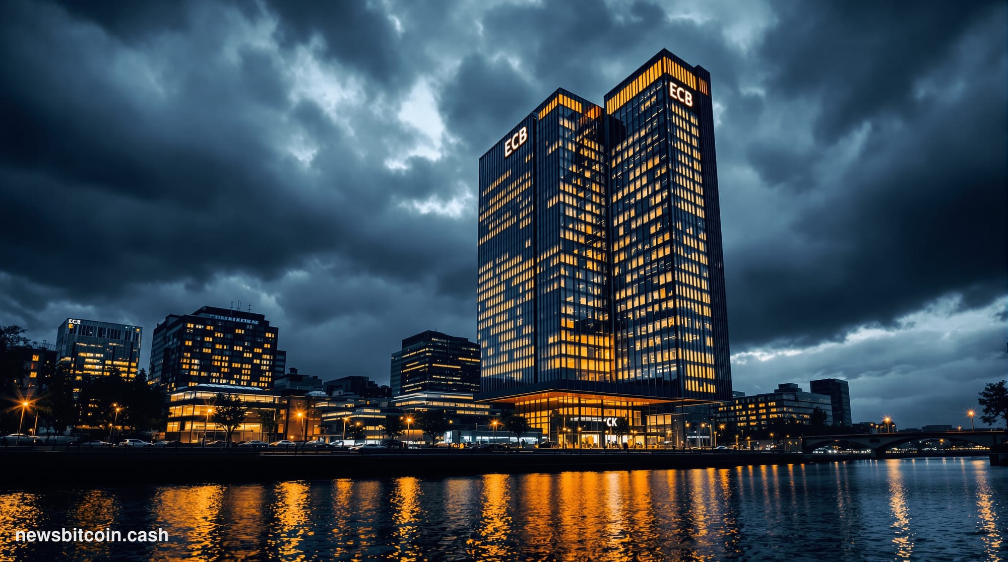 A cinematic photorealistic editorial photograph of the European Central Bank headquarters in Frankfurt, Germany at dusk, with