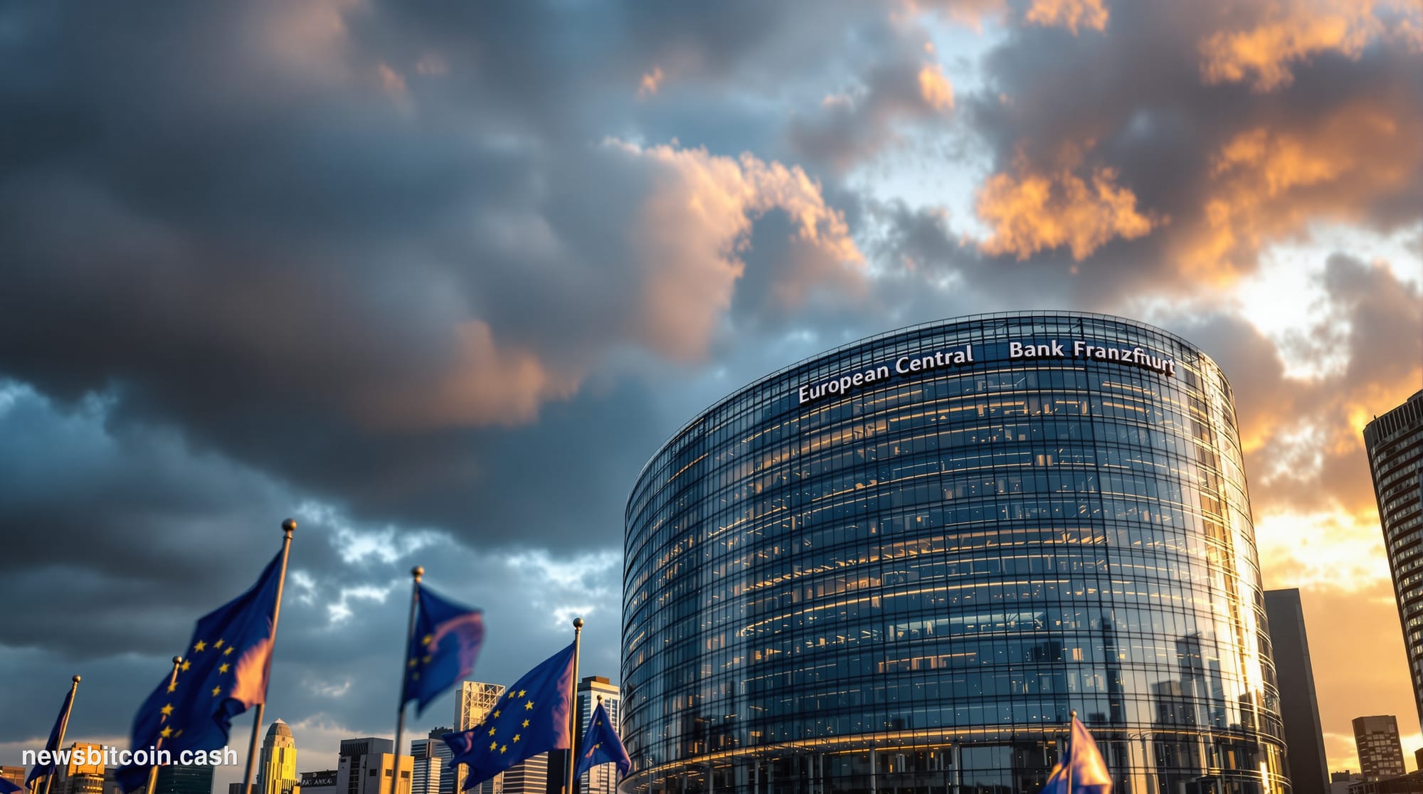 A cinematic photorealistic editorial photograph of the European Central Bank headquarters in Frankfurt, Germany, shot from a 