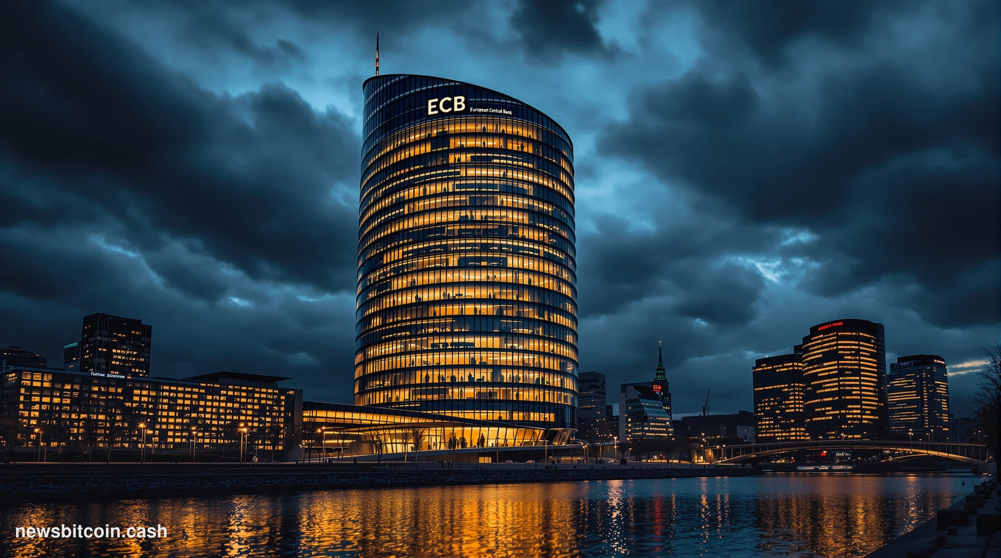 A cinematic photorealistic editorial photograph of the European Central Bank headquarters in Frankfurt, Germany at dusk, with