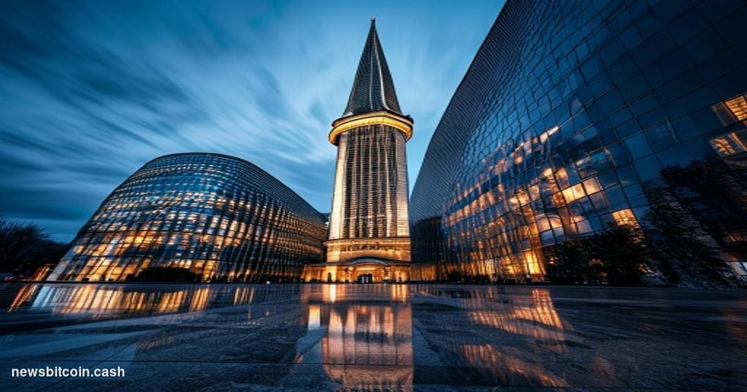 A dramatic photorealistic editorial photograph capturing the imposing glass and steel facade of the European Central Bank hea