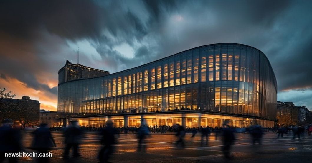 A cinematic photorealistic editorial photograph of the European Central Bank headquarters in Frankfurt, Germany, captured dur