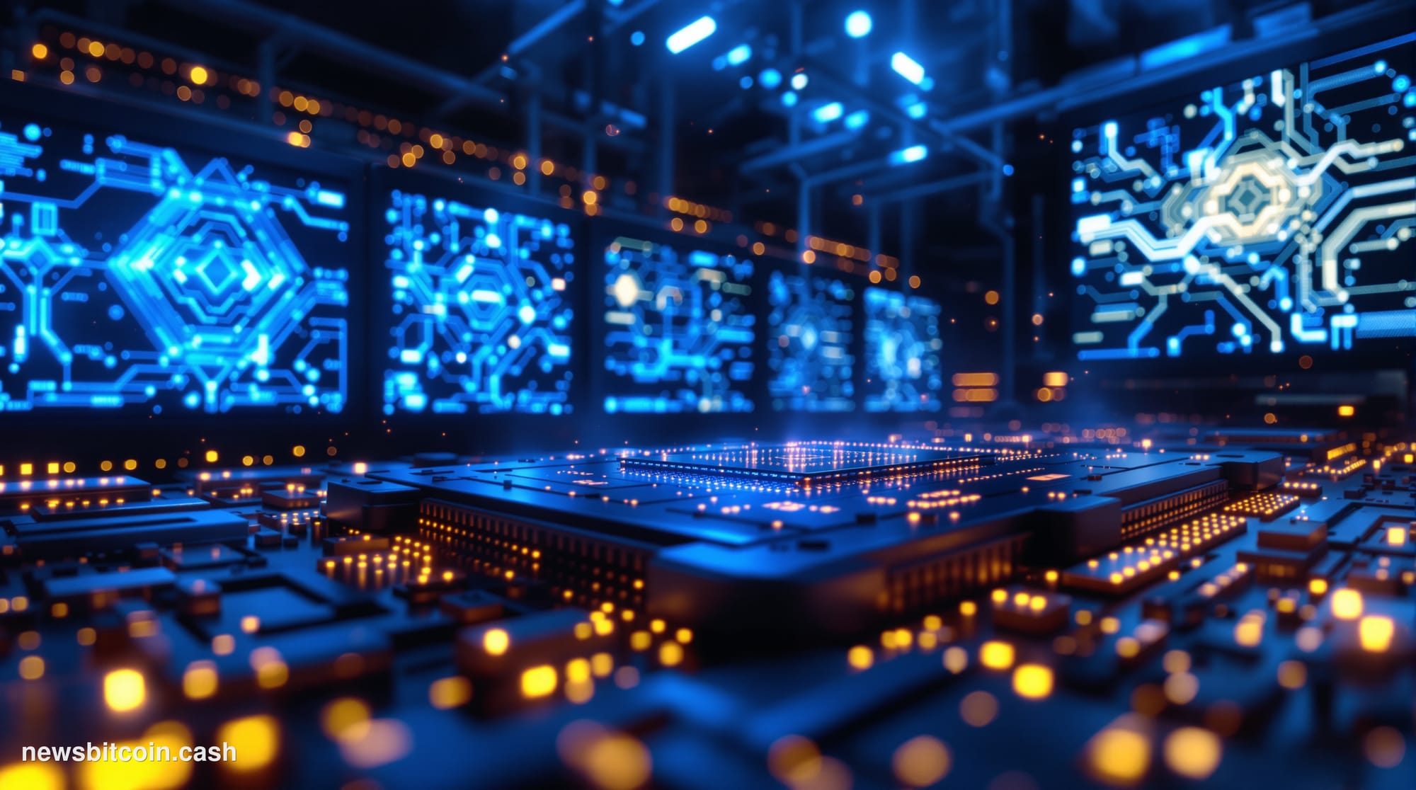 A cinematic photorealistic editorial photograph showing a high-tech quantum computing facility with massive quantum processor