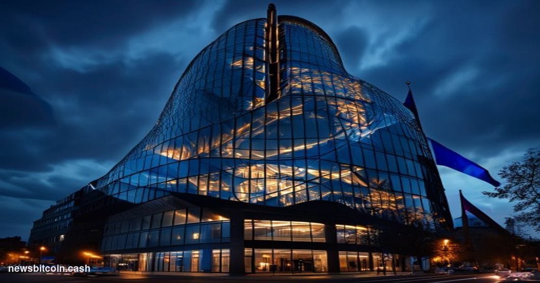 Cinematic photorealistic editorial photograph of the European Central Bank headquarters in Frankfurt, Germany at dusk with dr