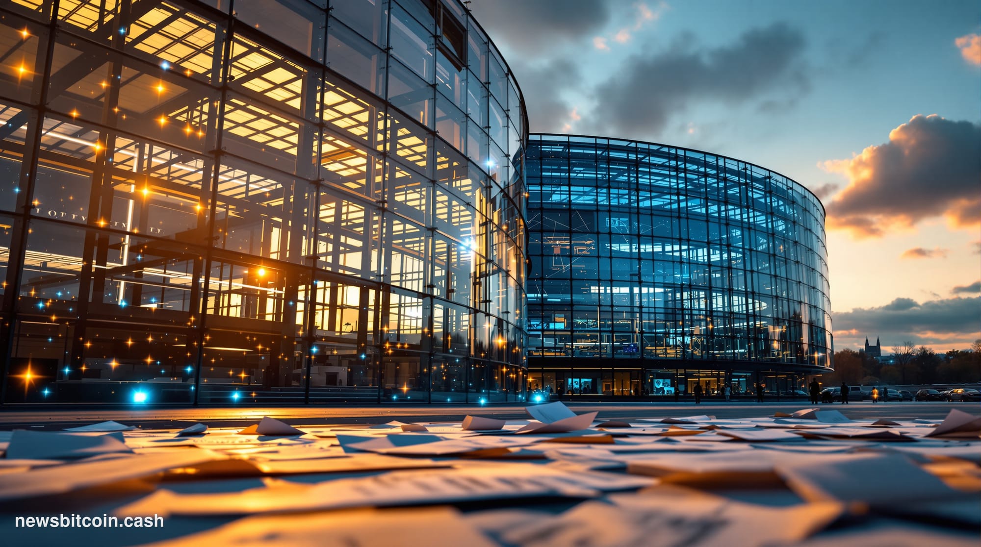 A cinematic photorealistic editorial photograph of the European Parliament building in Strasbourg, France, shot during golden