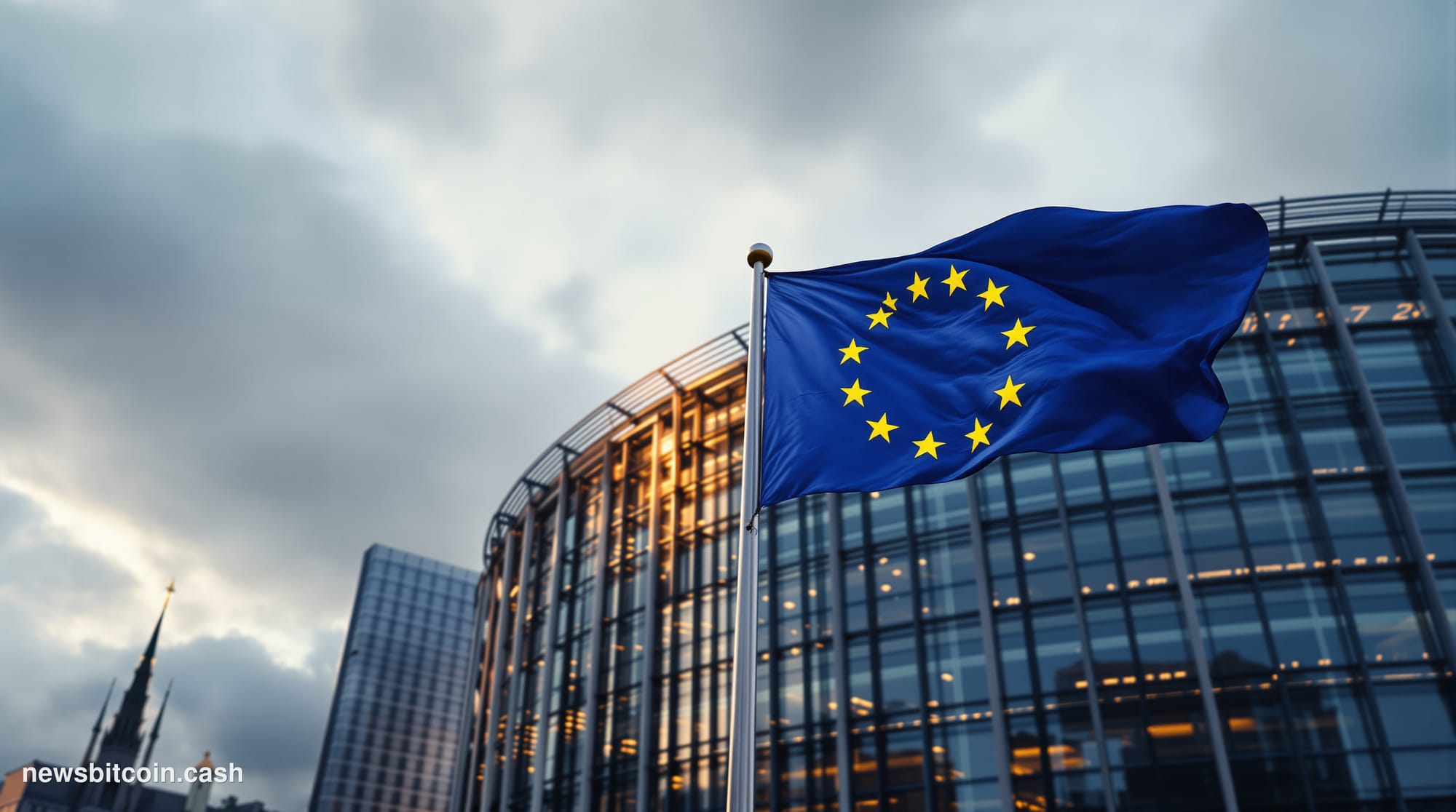 A cinematic photorealistic editorial photograph showing the European Parliament building in Strasbourg, France, captured from