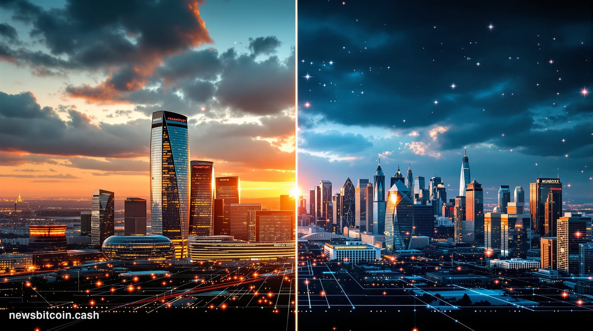 A dramatic split-screen composition showing the European Central Bank headquarters in Frankfurt on the left side with its dis