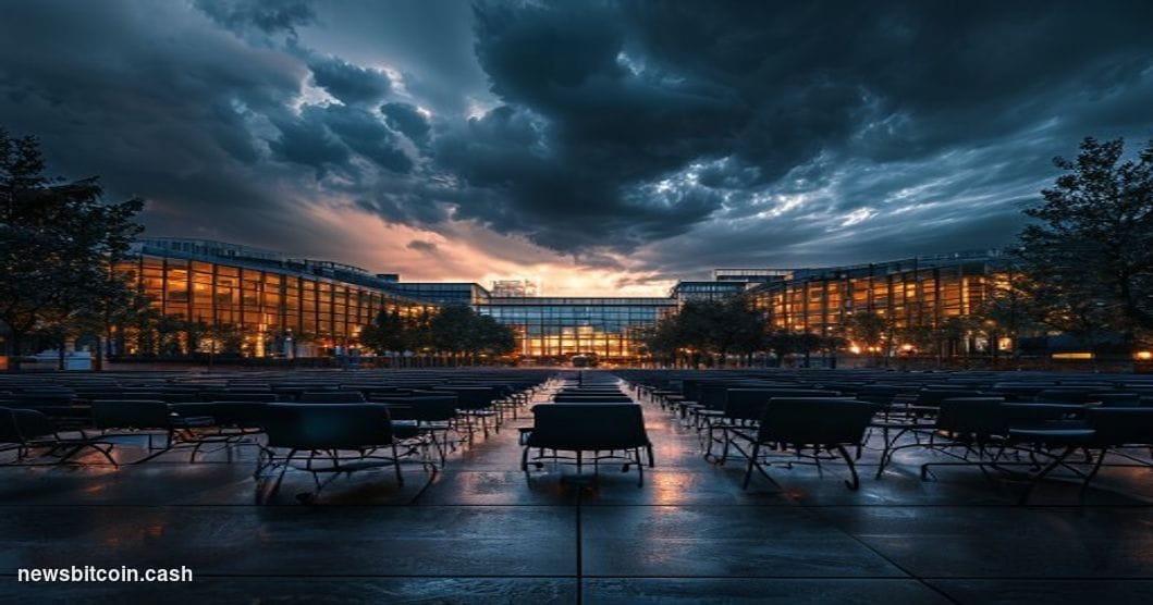 Cinematic photorealistic editorial photograph showing the European Parliament building in Strasbourg at twilight, with dramat