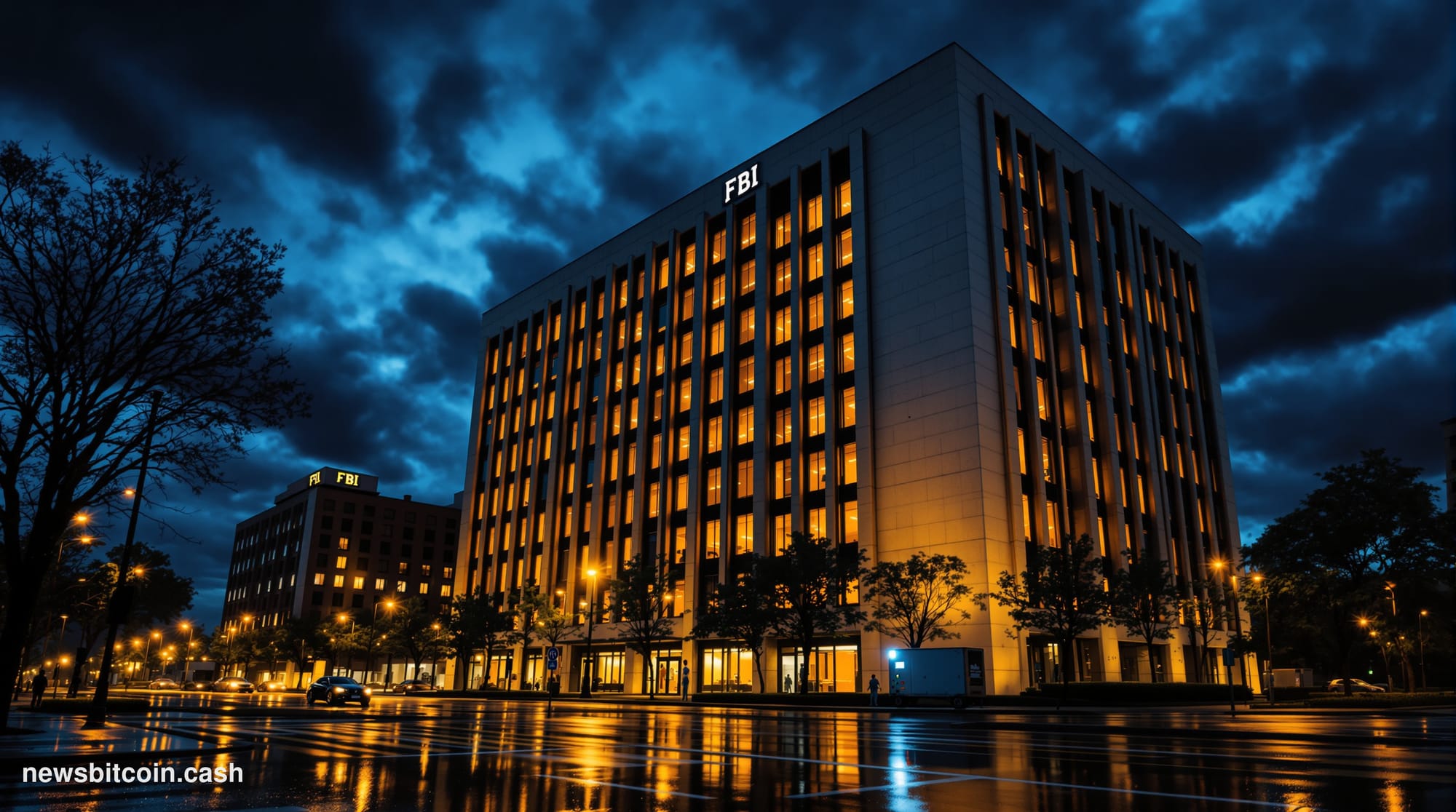A cinematic photorealistic editorial photograph of the FBI headquarters building in Washington DC at dusk, with dramatic stor