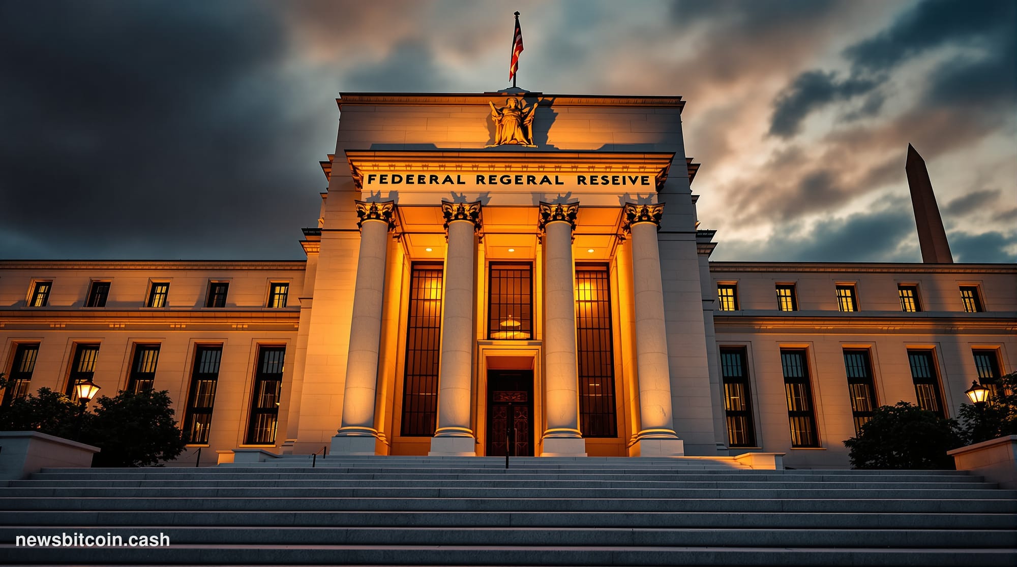 Cinematic photorealistic editorial photograph of the Federal Reserve building's iconic neoclassical facade in Washington D.C.