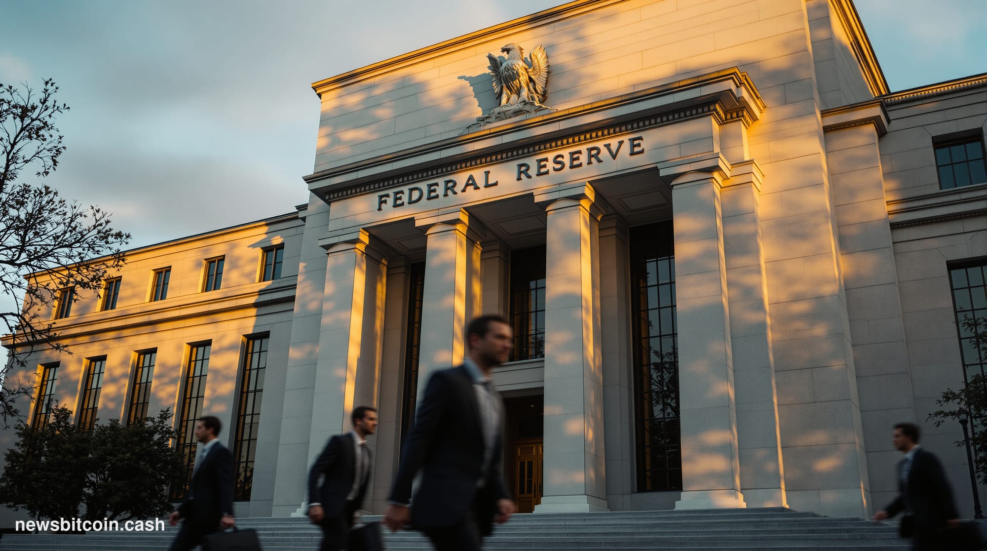 A cinematic photorealistic editorial photograph of the Federal Reserve building's imposing neoclassical facade in Washington 