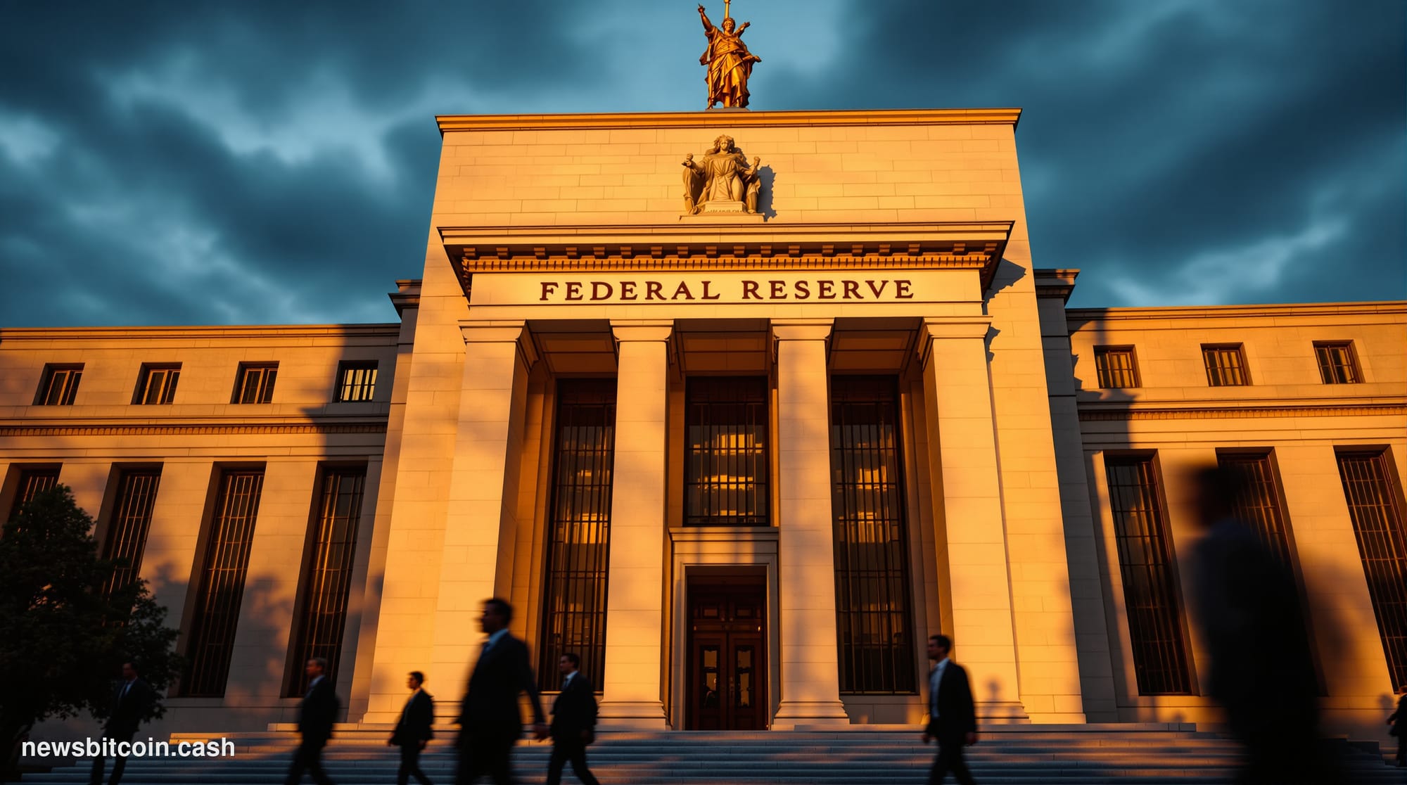 A cinematic photorealistic editorial photograph of the Federal Reserve building in Washington DC during golden hour, shot fro